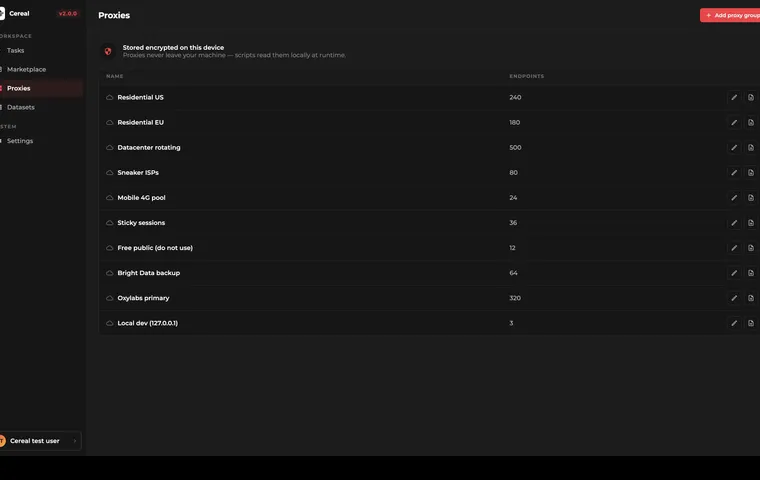 Cereal proxy manager panel showing proxy health checks and rotation settings