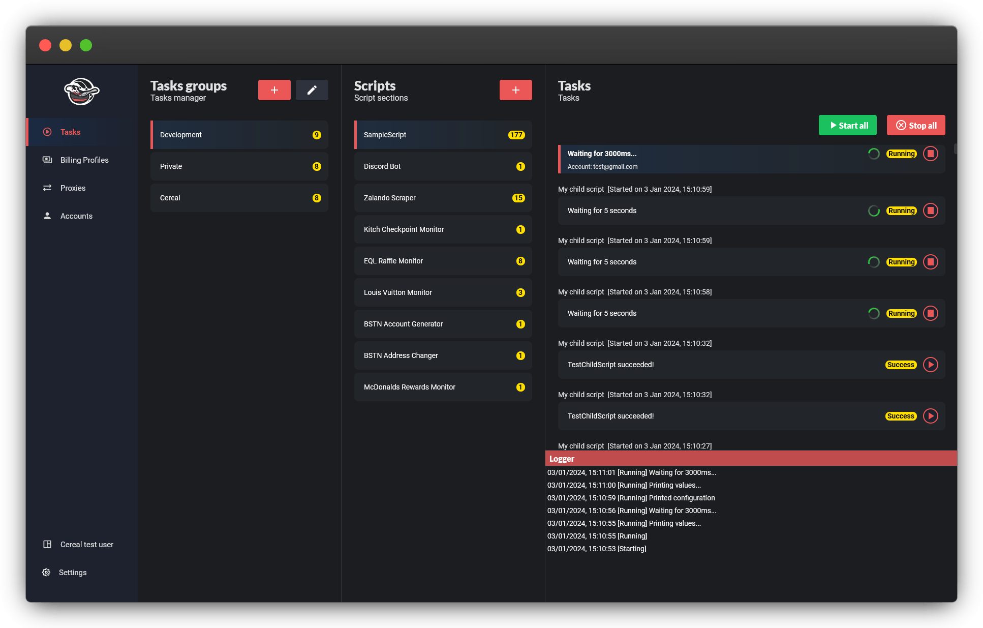 Cereal desktop app showing the task manager panel with running automation scripts